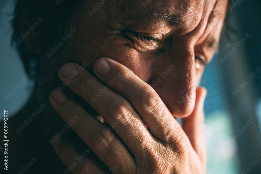 Emotional distraught sad man crying stressed, dealing with mental health problems, depression, anxiety and despair Emotional distraught sad man crying stressed, dealing with mental health problems, depression, anxiety and despair
