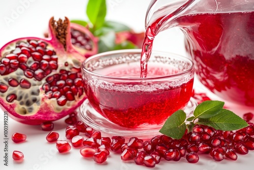 Refreshing Pomegranate Juice Pouring into Glass, Decorated with Fresh Seeds on White Background photo