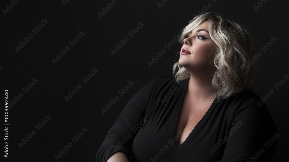 Fashionable Plus-Size Blonde Model Posing Gracefully Against a Dark Background with Ample Copy Space Fashionable Plus-Size Blonde Model Posing Gracefully Against a Dark Background with Ample Copy Space