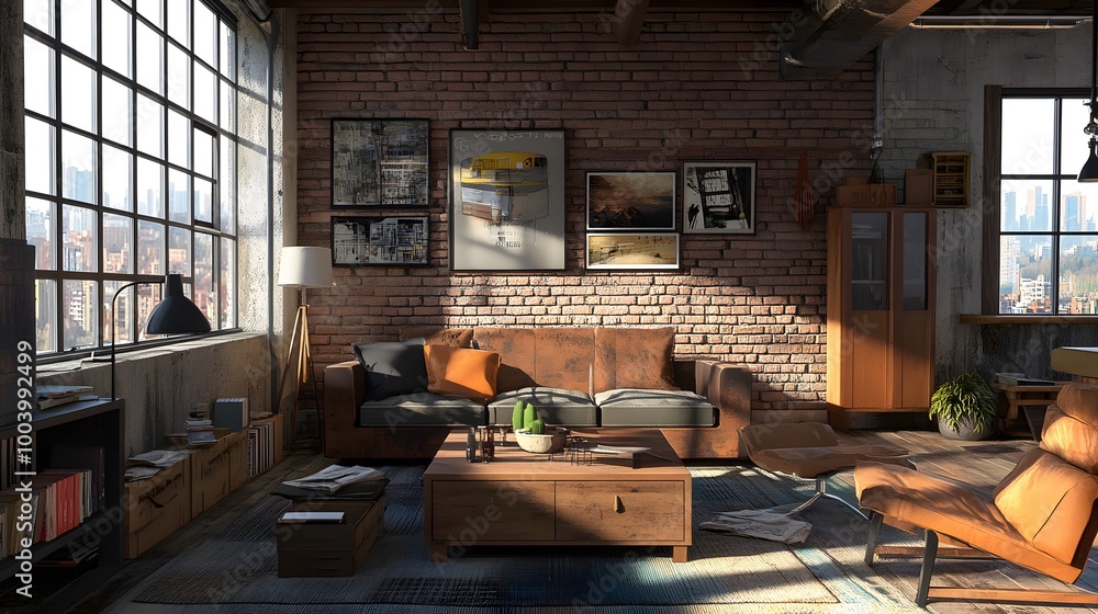 Living room interior in loft, industrial style, 3d render. Living room interior in loft, industrial style, 3d render.