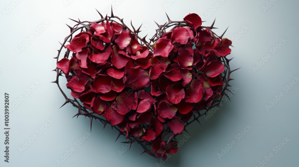 A heart shape is formed by red rose petals arranged inside a circle of thorns. The background is a light blue. A heart shape is formed by red rose petals arranged inside a circle of thorns. The background is a light blue.