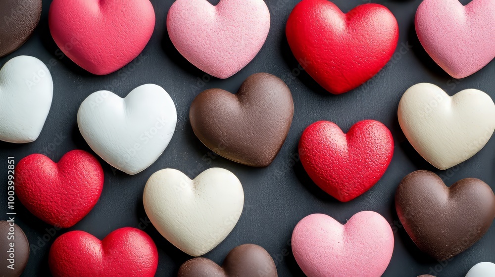 Romantic Valentines Day Background, Colorful Heart-Shaped Candies On Black Table, Top View Romantic Valentines Day Background, Colorful Heart-Shaped Candies On Black Table, Top View