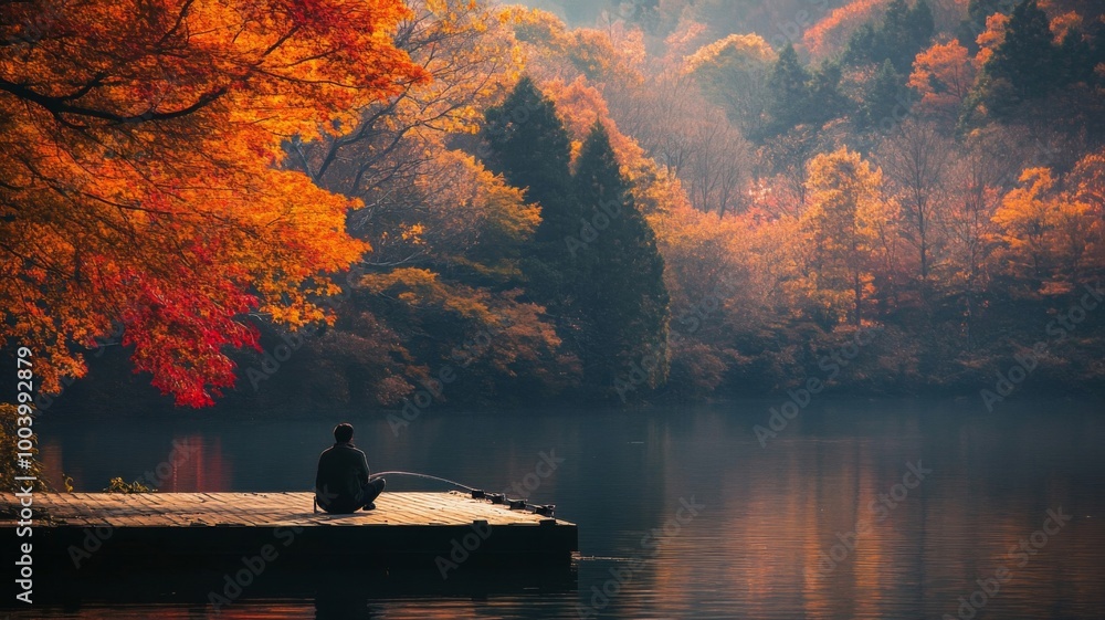 Solitary Figure Fishing on a Calm Lake Surrounded by Autumn Foliage Solitary Figure Fishing on a Calm Lake Surrounded by Autumn Foliage