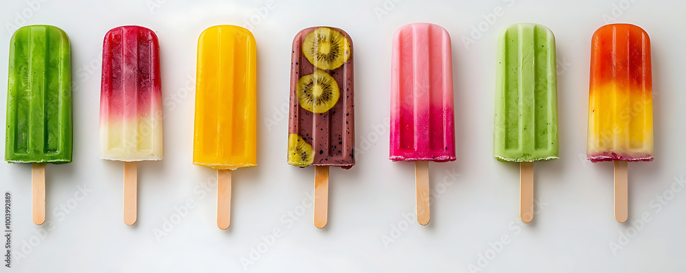 A vibrant display of colorful summer popsicles in a variety of flavors, arranged neatly in a row against a white background A vibrant display of colorful summer popsicles in a variety of flavors, arranged neatly in a row against a white background