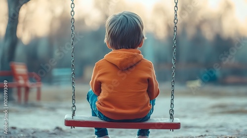 Solitary child sitting alone on a swing in a serene dusky park with a distant longing look that symbolizes emotional isolation and a sense of abandonment  The shadowy figure and the tranquil