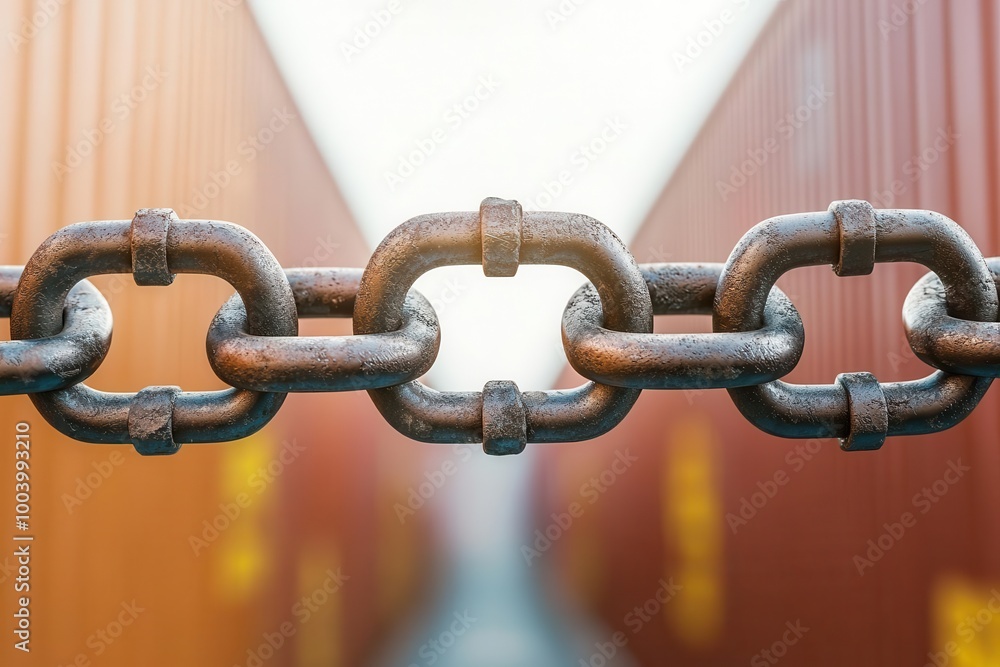 A broken chain blocking a shipping container, symbolizing trade barriers, trade barrier, international commerce restriction A broken chain blocking a shipping container, symbolizing trade barriers, trade barrier, international commerce restriction
