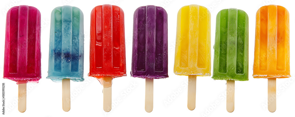 A vibrant display of colorful summer popsicles in a variety of flavors, arranged neatly in a row against a white background A vibrant display of colorful summer popsicles in a variety of flavors, arranged neatly in a row against a white background