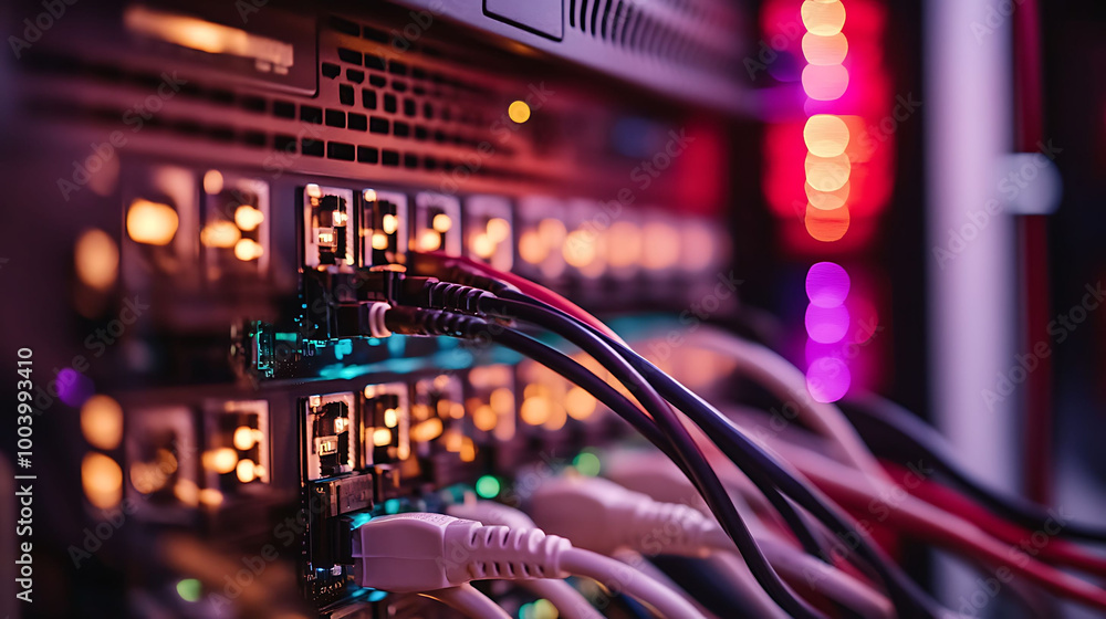 Close-up of a server rack with multiple network cables connected. Close-up of a server rack with multiple network cables connected.