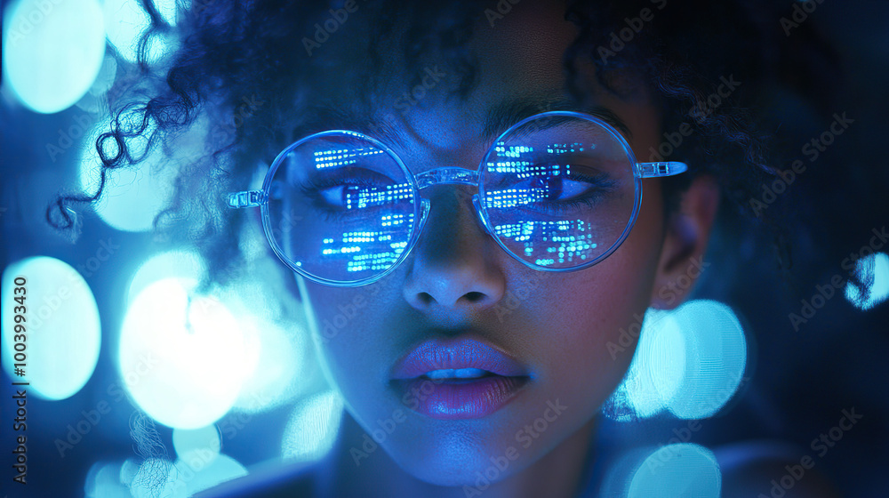Young Woman in Round Glasses with Digital Reflections Young Woman in Round Glasses with Digital Reflections