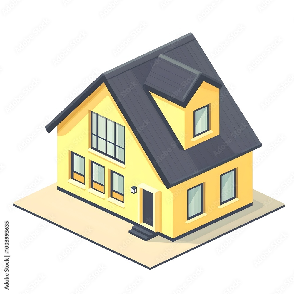Isometric Modern Residential Building with Slanted Roof and Large Windows Isometric Modern Residential Building with Slanted Roof and Large Windows