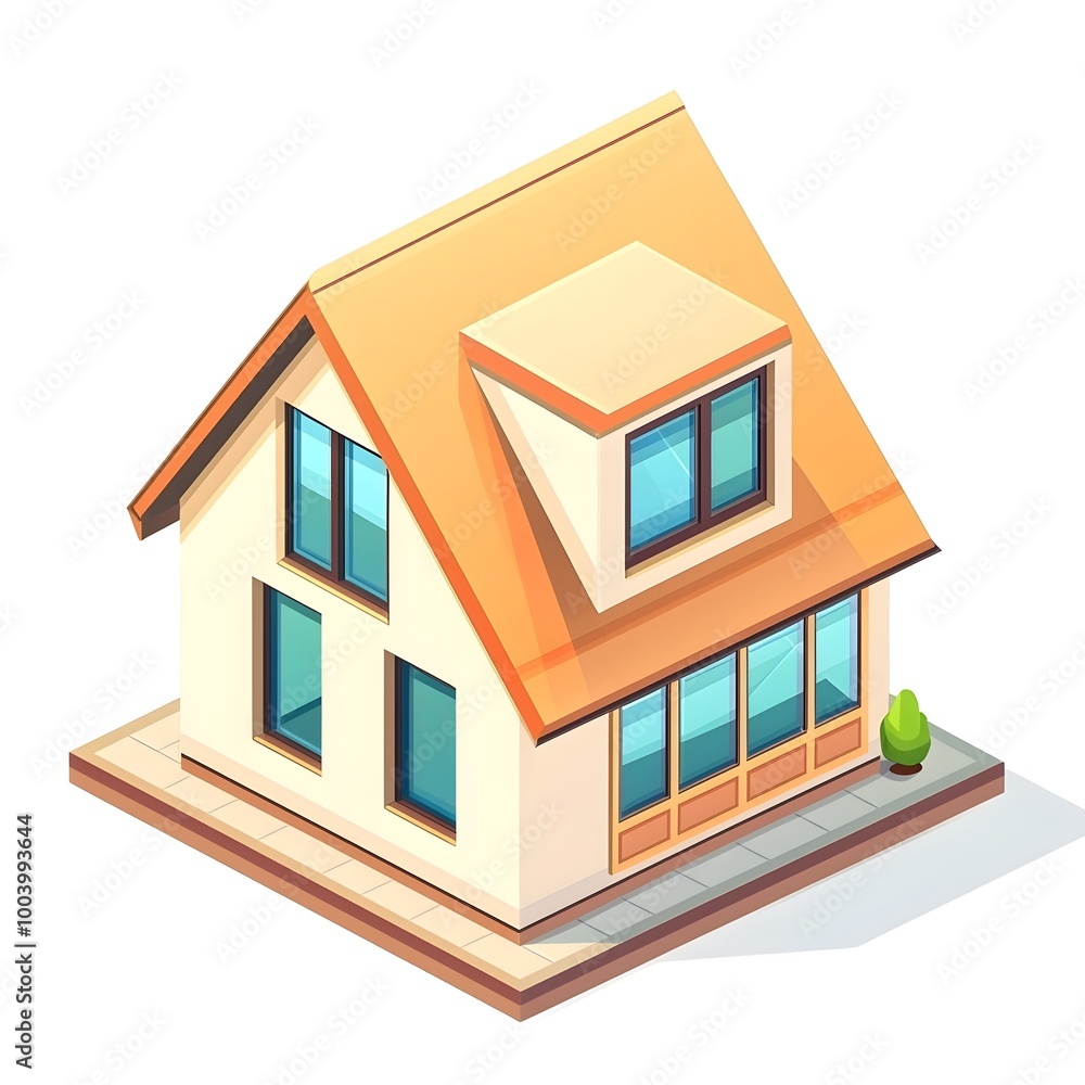 Isometric House with Slanted Roof and Large Windows Against White Background Isometric House with Slanted Roof and Large Windows Against White Background