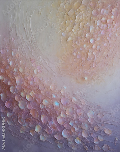 Abstract oil painting with lines and spots of purple, pink and peach colors