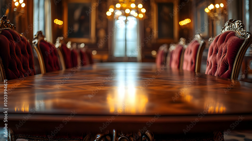 Elegant wooden conference table in a luxurious meeting room with red upholstered chairs and ornate chandeliers. Elegant wooden conference table in a luxurious meeting room with red upholstered chairs and ornate chandeliers.