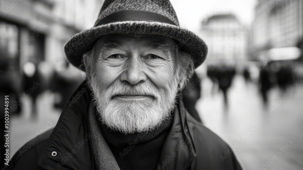 Smiling older man with beard wearing a hat in a busy urban setting. Smiling older man with beard wearing a hat in a busy urban setting.