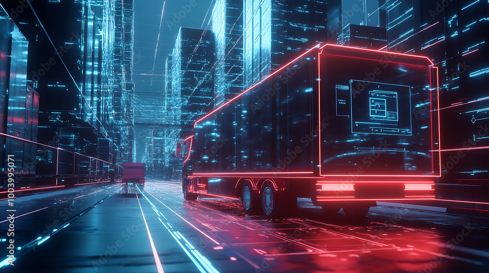 Fototapeta premium A futuristic truck with neon lights driving through a city of skyscrapers, representing the future of delivery and transportation.