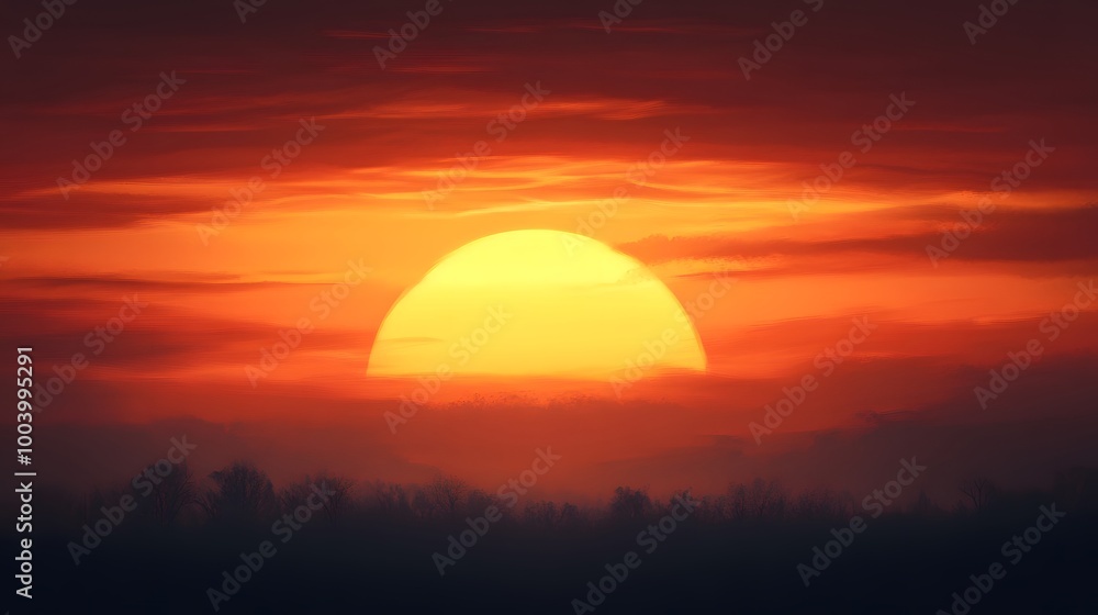 Silhouetted Trees at Sunset with a Large Sun Silhouetted Trees at Sunset with a Large Sun