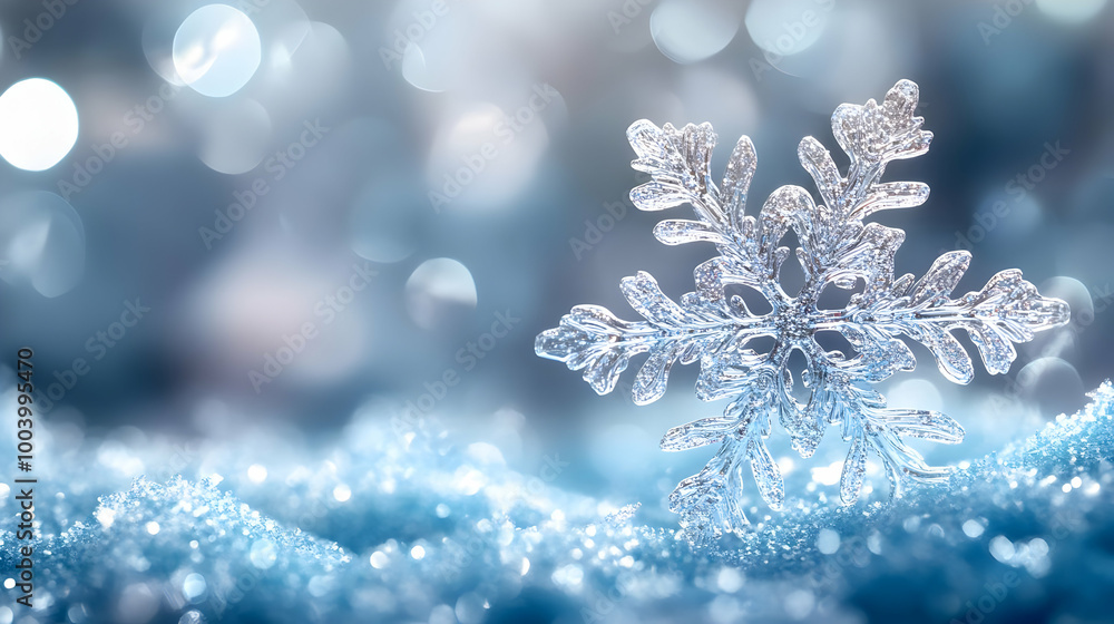 A sparkling snowflake resting on blue ice crystals, against a blurred winter background. A sparkling snowflake resting on blue ice crystals, against a blurred winter background.