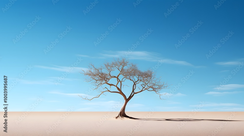 Solitary Bare Tree in a Sandy Desert Landscape Against a Clear Blue Sky. Solitary Bare Tree in a Sandy Desert Landscape Against a Clear Blue Sky.