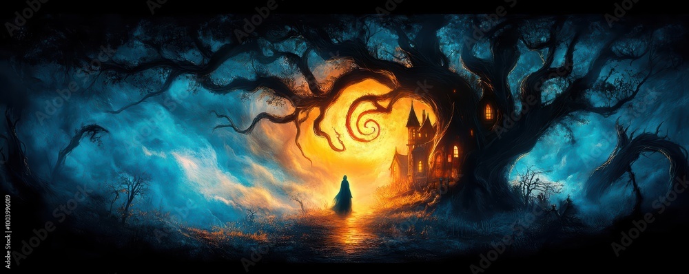 Haunted forest path leading to a gothic mansion, mist-covered ground at midnight, eerie shadows from twisted trees, a spectral figure in the distance Haunted forest path leading to a gothic mansion, mist-covered ground at midnight, eerie shadows from twisted trees, a spectral figure in the distance