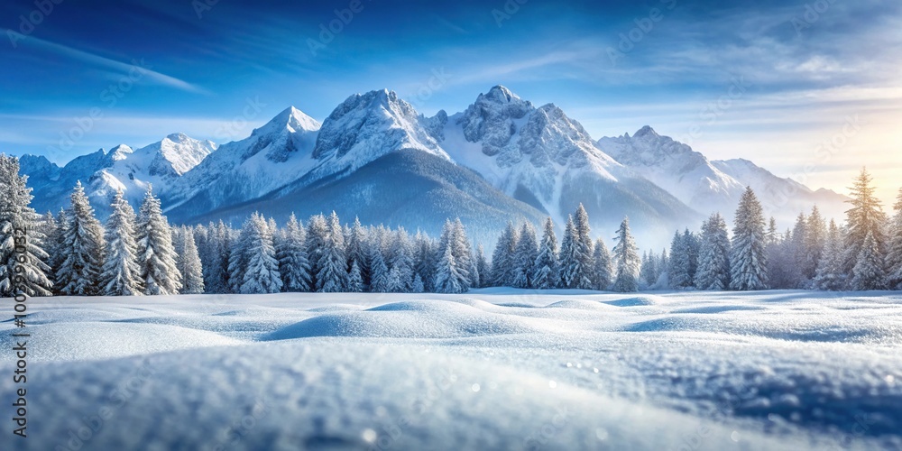 Winter mountain landscape with snowy peaks and pine trees Winter mountain landscape with snowy peaks and pine trees