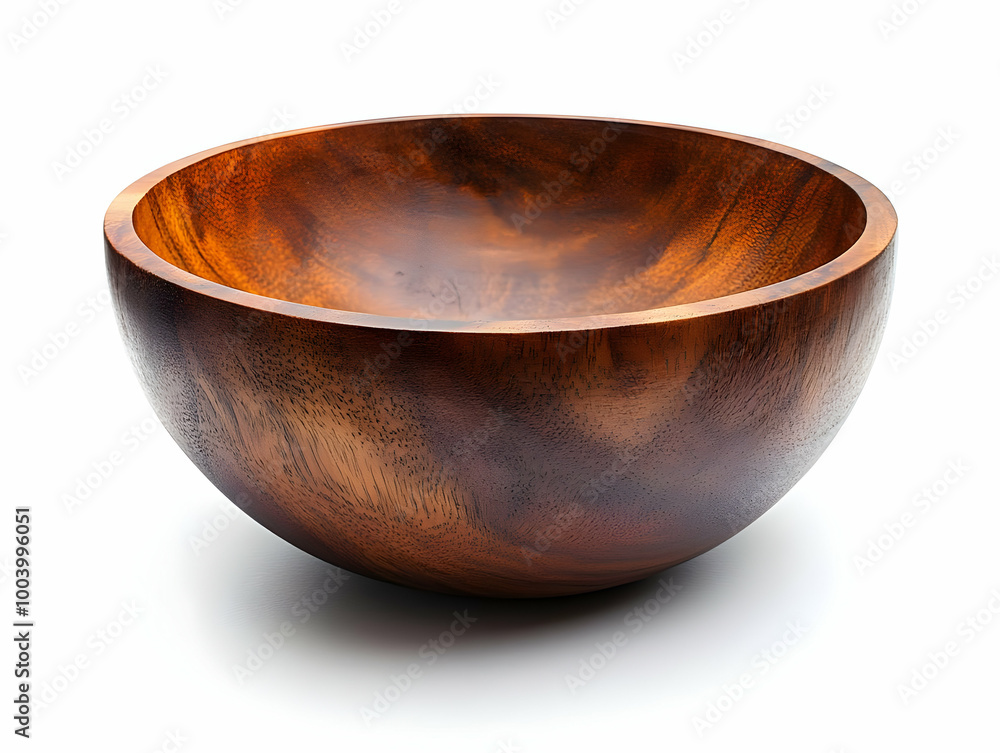 Elegant wooden bowl with a smooth finish, ideal for serving salads or displaying fruits, on a white isolated background. Elegant wooden bowl with a smooth finish, ideal for serving salads or displaying fruits, on a white isolated background.