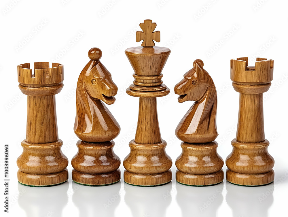 Set of wooden chess pieces on a white isolated background, showcasing intricate designs and craftsmanship. Set of wooden chess pieces on a white isolated background, showcasing intricate designs and craftsmanship.