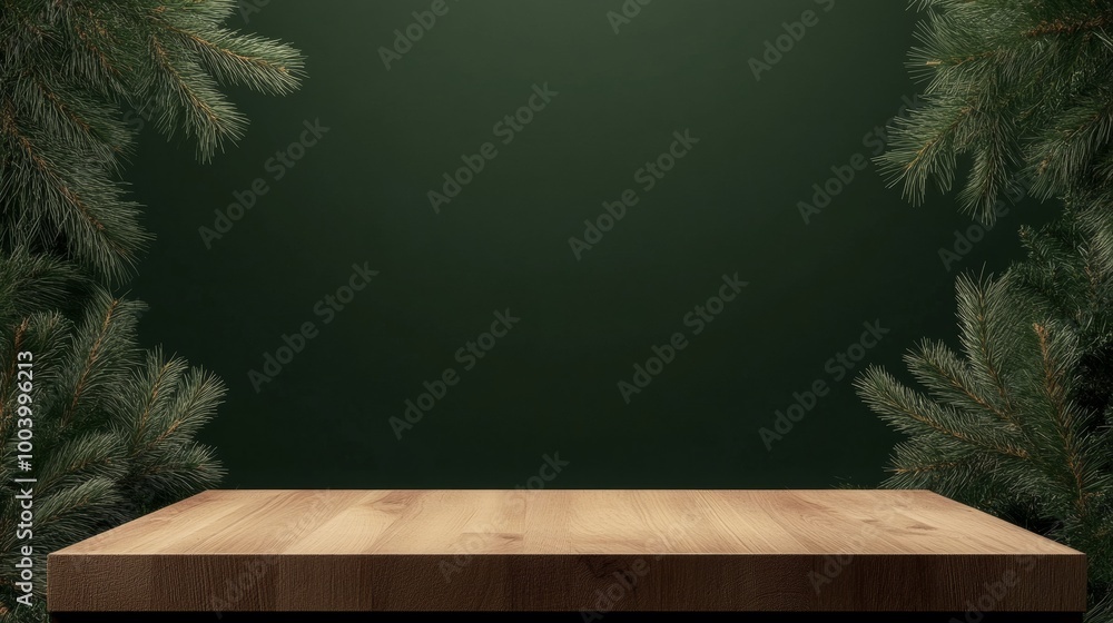 Eco-friendly brown wooden podium in rectangular shape set on a dark green holiday backdrop Eco-friendly brown wooden podium in rectangular shape set on a dark green holiday backdrop