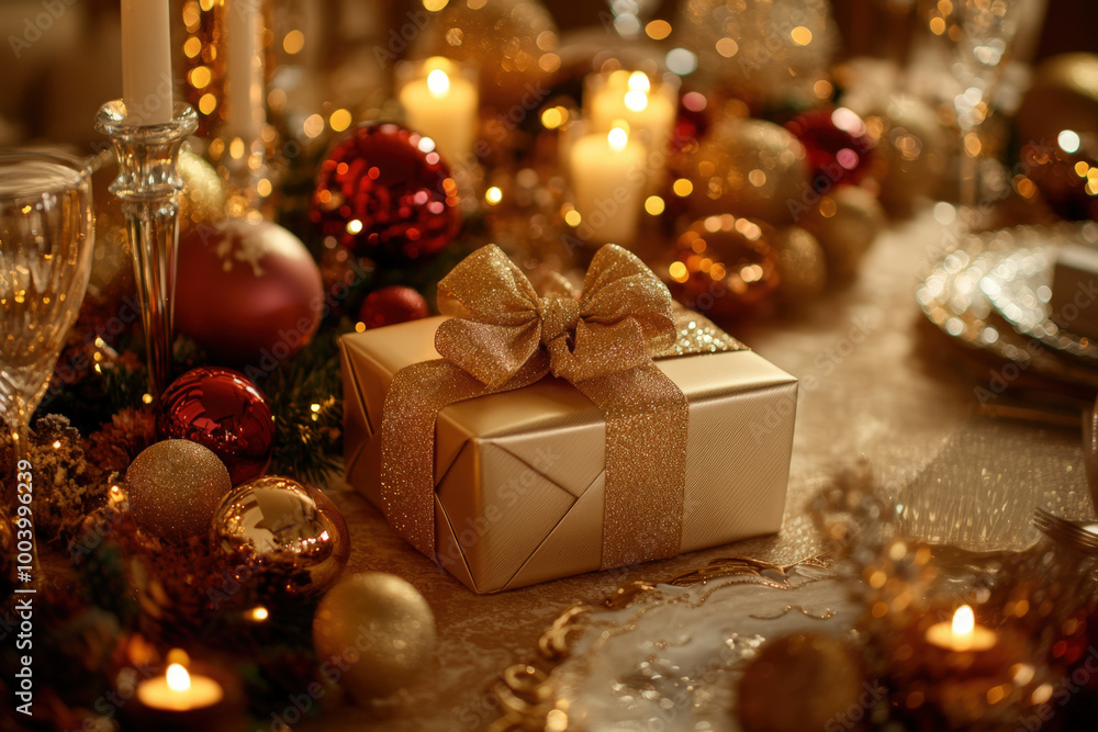 Elegant golden gift box lying on a decorated christmas dinner table with lit candles and ornaments Elegant golden gift box lying on a decorated christmas dinner table with lit candles and ornaments