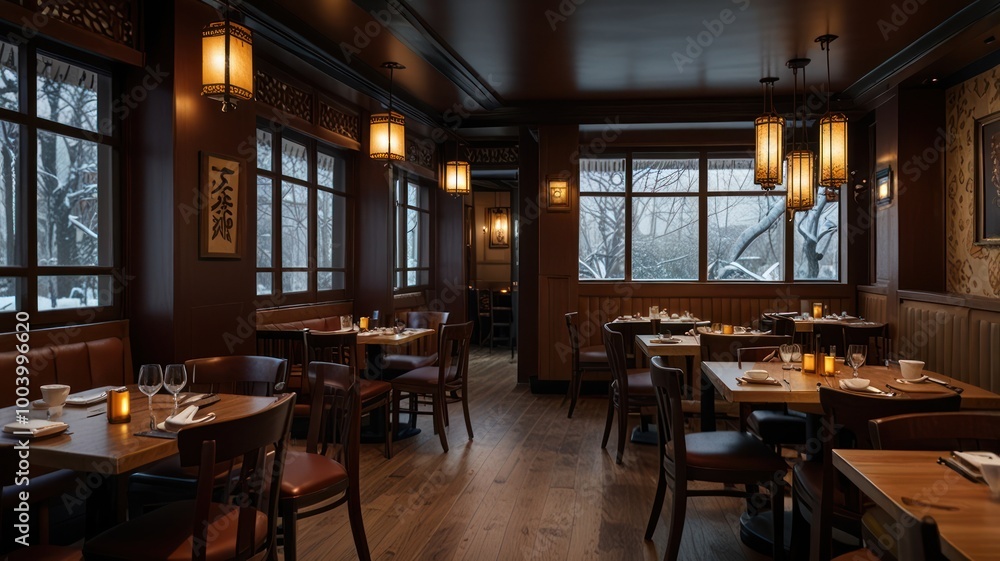 A cozy restaurant interior with wooden tables and chairs, large windows, and warm lighting. A cozy restaurant interior with wooden tables and chairs, large windows, and warm lighting.