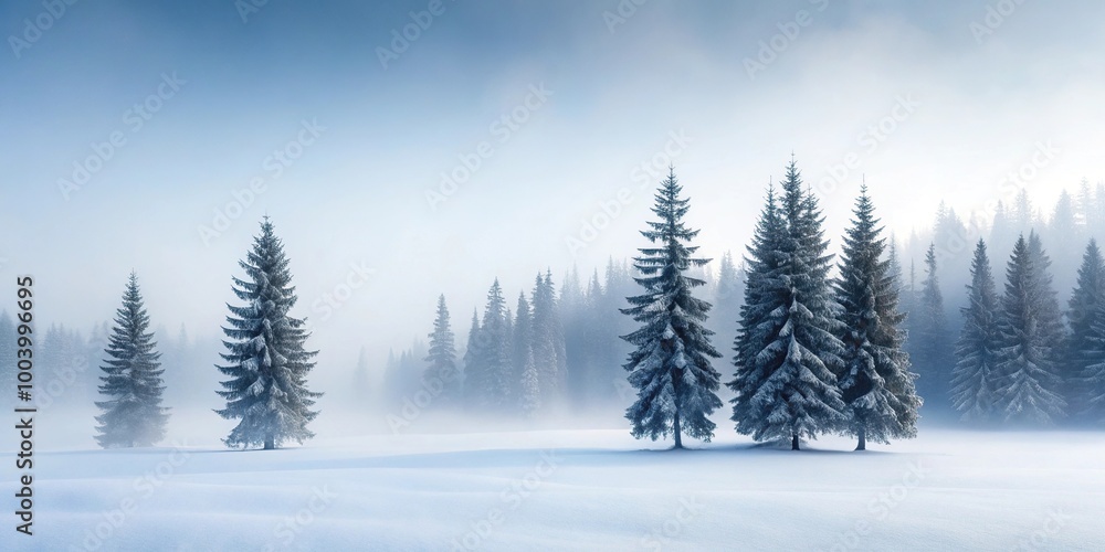 Winter pine trees with foggy background, minimalist scenery Winter pine trees with foggy background, minimalist scenery