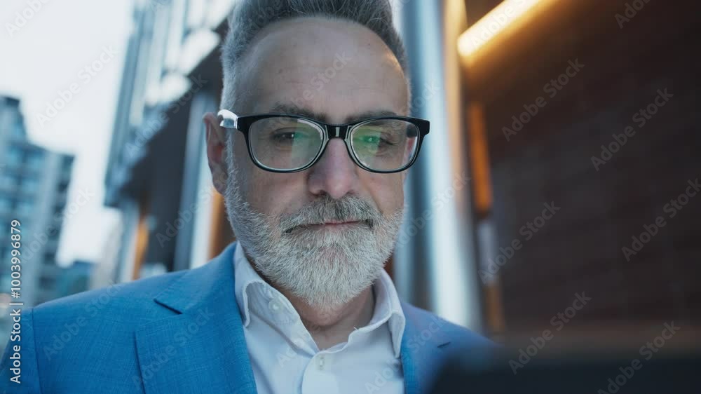 Camera view from below of Caucasian mans face. Male with grey hair wearing stylish business outfit. Looking at tablet device. Screen mirroring from glasses. Texting or browsing web. Smiling to himself Camera view from below of Caucasian mans face. Male with grey hair wearing stylish business outfit. Looking at tablet device. Screen mirroring from glasses. Texting or browsing web. Smiling to himself