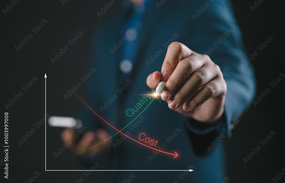 Businessman write down arrow with cost and up arrow with quality for business project management strategy have to control budget cost and improvement quality of product and service concept. Businessman write down arrow with cost and up arrow with quality for business project management strategy have to control budget cost and improvement quality of product and service concept.