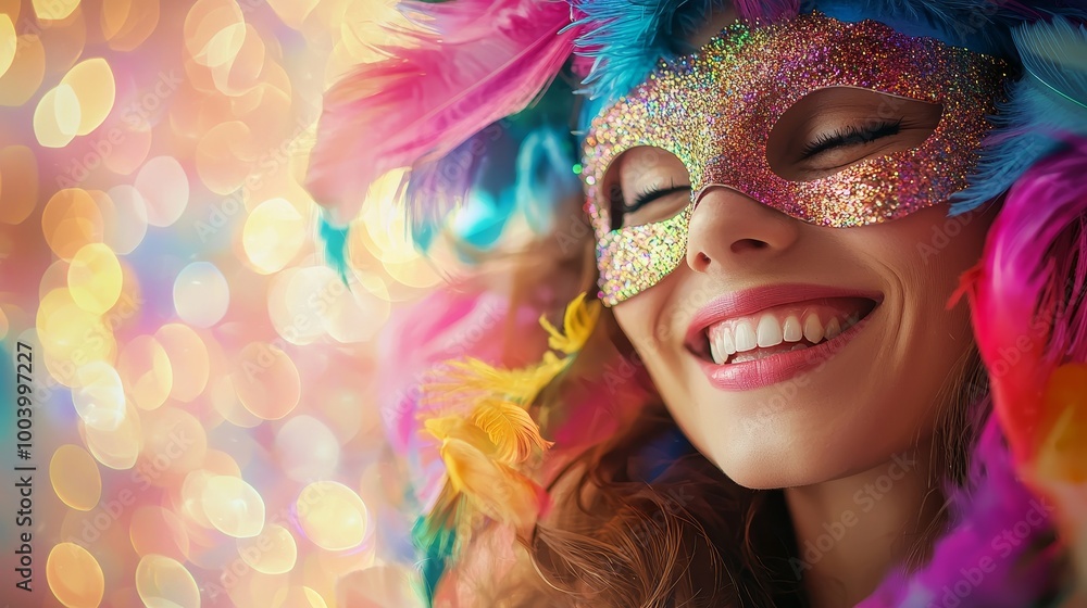 Joyous woman in a glittery mask with colorful feathers against a sparkling bokeh background. Joyous woman in a glittery mask with colorful feathers against a sparkling bokeh background.