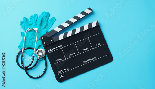 Clapperboard and latex glove and Stethoscope on blue background.