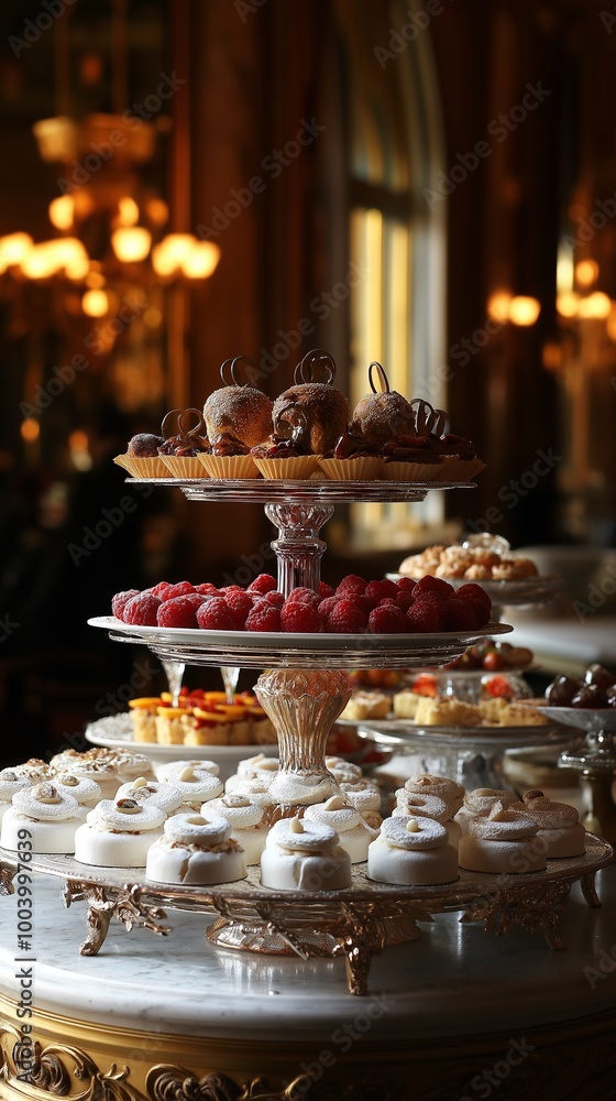 A dessert tiered stand filled with a variety of desserts and fruits. A dessert tiered stand filled with a variety of desserts and fruits.