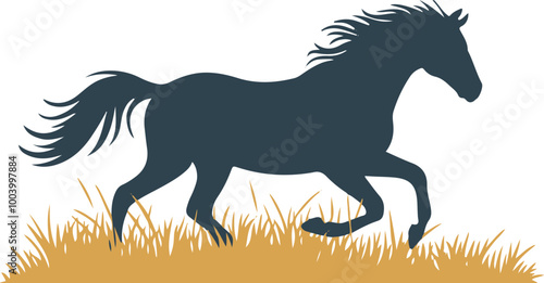 Silhouette of Horse Galloping Over Hay Background photo