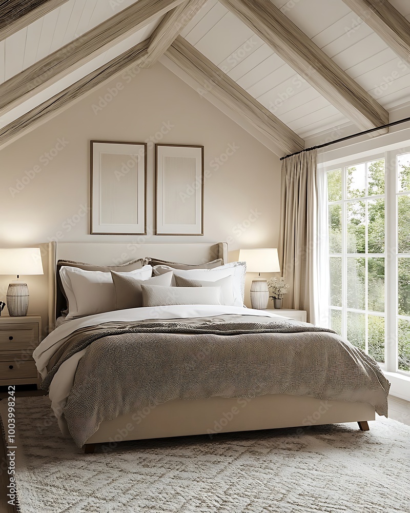 Fototapeta premium Serene Bedroom Decor with Natural Light and Minimalist Bedside Table