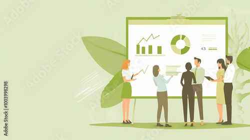 Illustration of office employees discussing the business plan and goals of the company, with diagrams and graphs in the background, beige and green shades