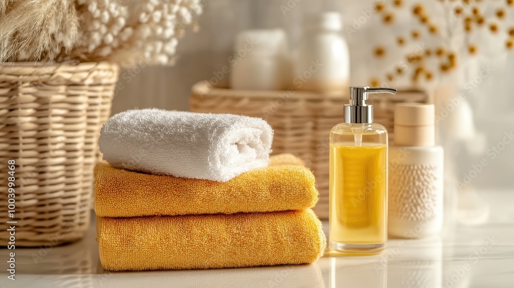 Soft towels and spa products, setting a relaxing home ambiance. Soft towels and spa products, setting a relaxing home ambiance.