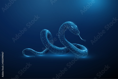 Abstract digital snake illustration on a dark blue background. Futuristic low poly style design. Symbol of 2025 year.