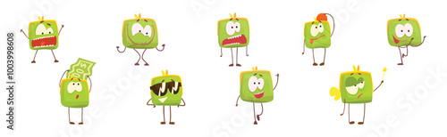 Cute Green Humanized Purse with Funny Face Vector Set