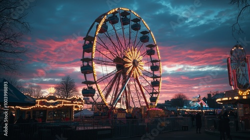 Amusement park at dusk with a Ferris wheel against a pink and blue twilight sky.