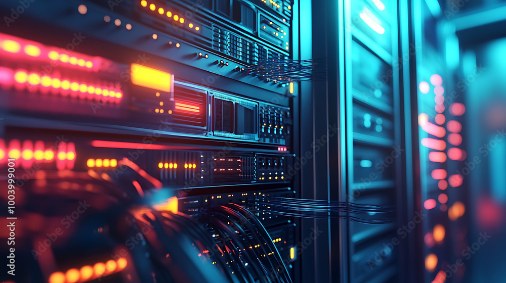 Rows of servers with flashing lights and cables in a data center. Rows of servers with flashing lights and cables in a data center.