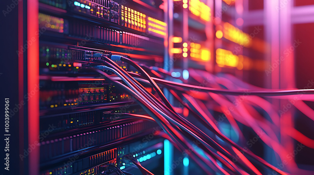 Fototapeta premium A server rack with cables in a data center.
