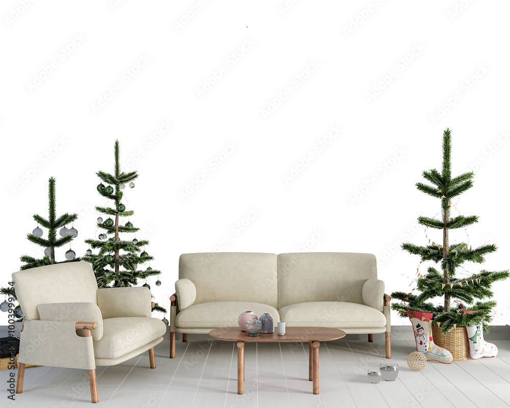 Fototapeta premium Christmas tree and sofa in modern living room on white