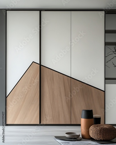 Sleek Oak Closet Doors with Storage Solution & Modern Accent  Finish