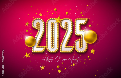 2025 Happy New Year Illustration with 3d Glowing Light Bulb Billboard Typography Lettering, Christmas Ball and Golden Star on Red Background. Holiday Design for Party Flyer, Celebration Banner