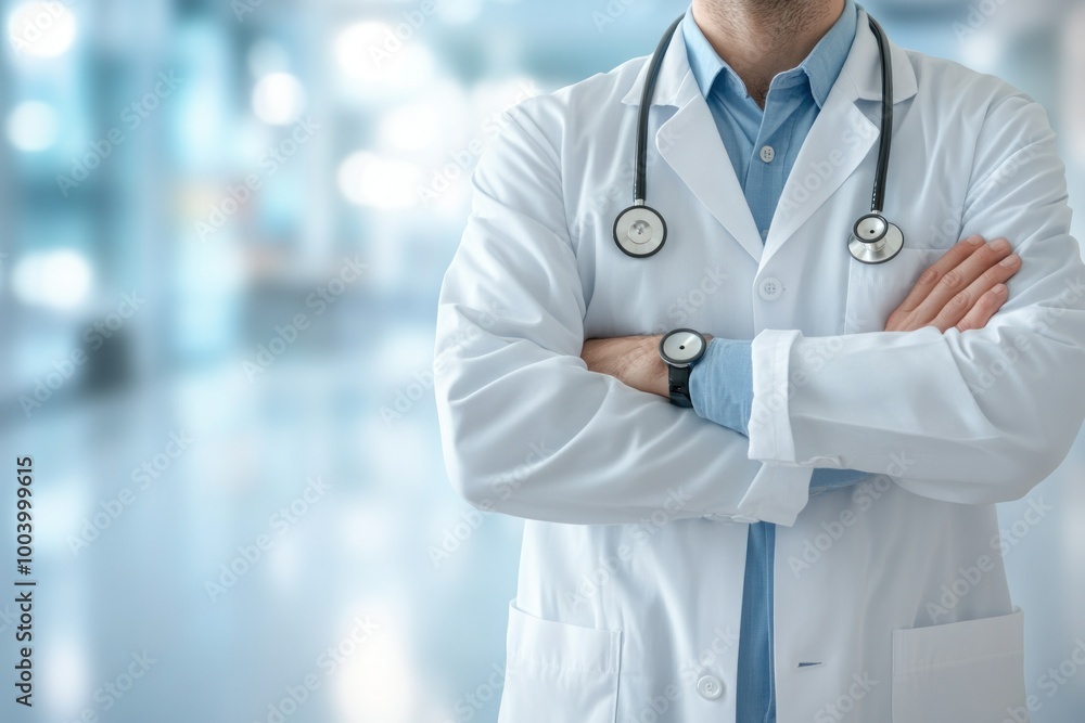 Confident Doctor in White Coat with Stethoscope Confident Doctor in White Coat with Stethoscope
