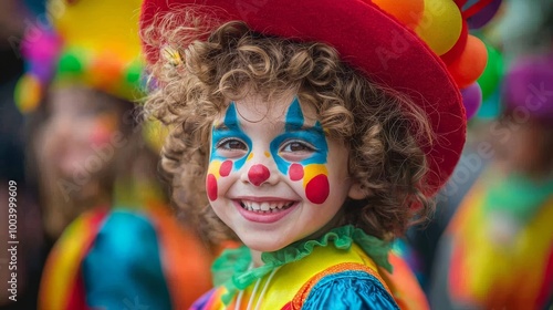 Joyful child in a colorful clown costume with a big red hat at a festive parade.