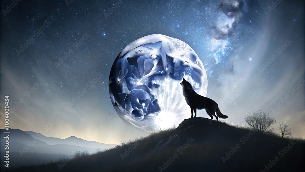Wolf howling on hill under full moon at night Wolf howling on hill under full moon at night